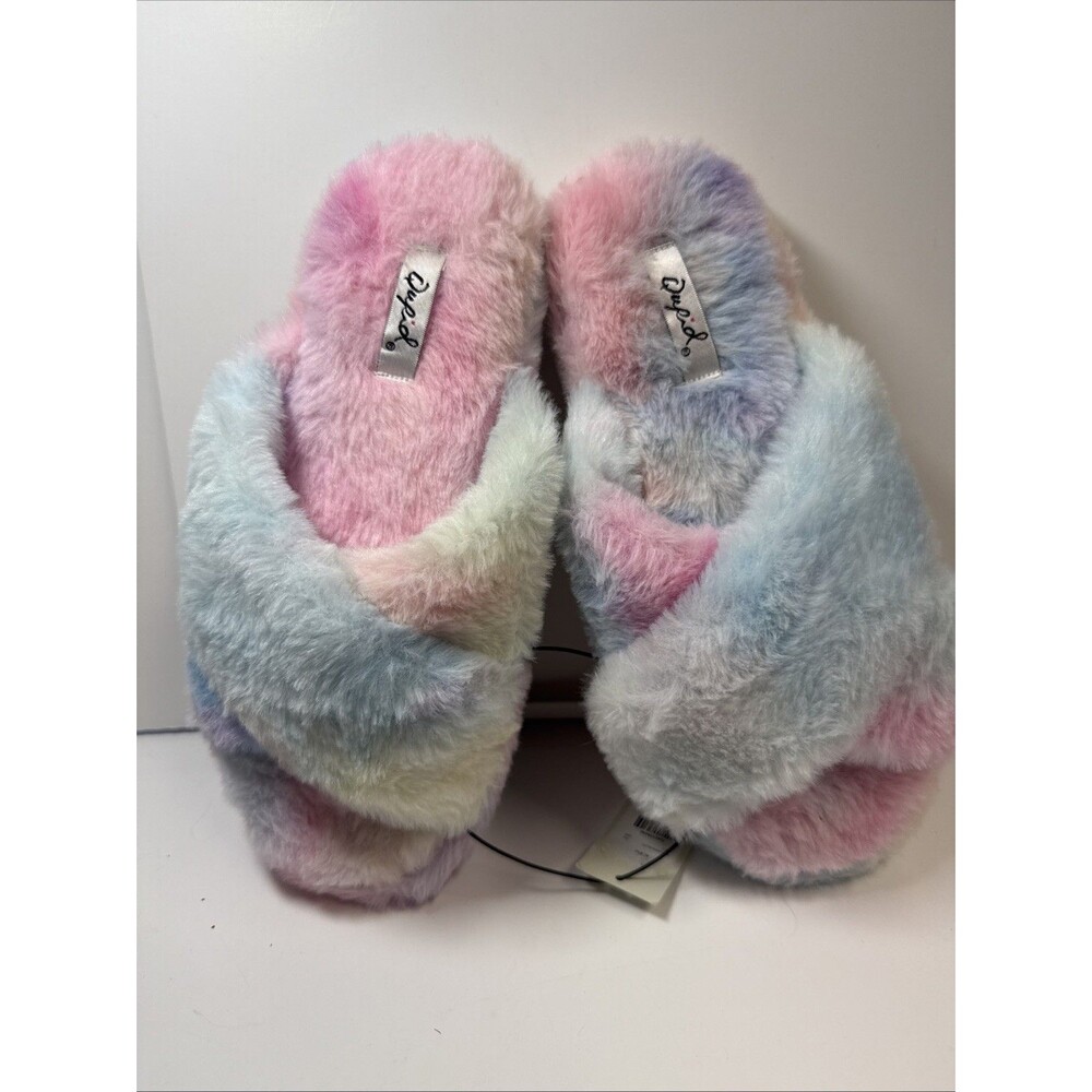 Qupid Pastel Rainbow Fuzzy Slip On Slippers Sz 6 New
